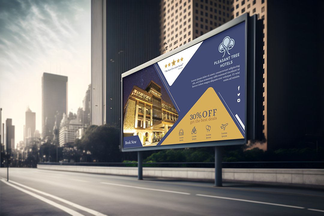 Pleasant Tree Hotels logo mock-up on hotel signage and hoarding and Billboard – Dehradun