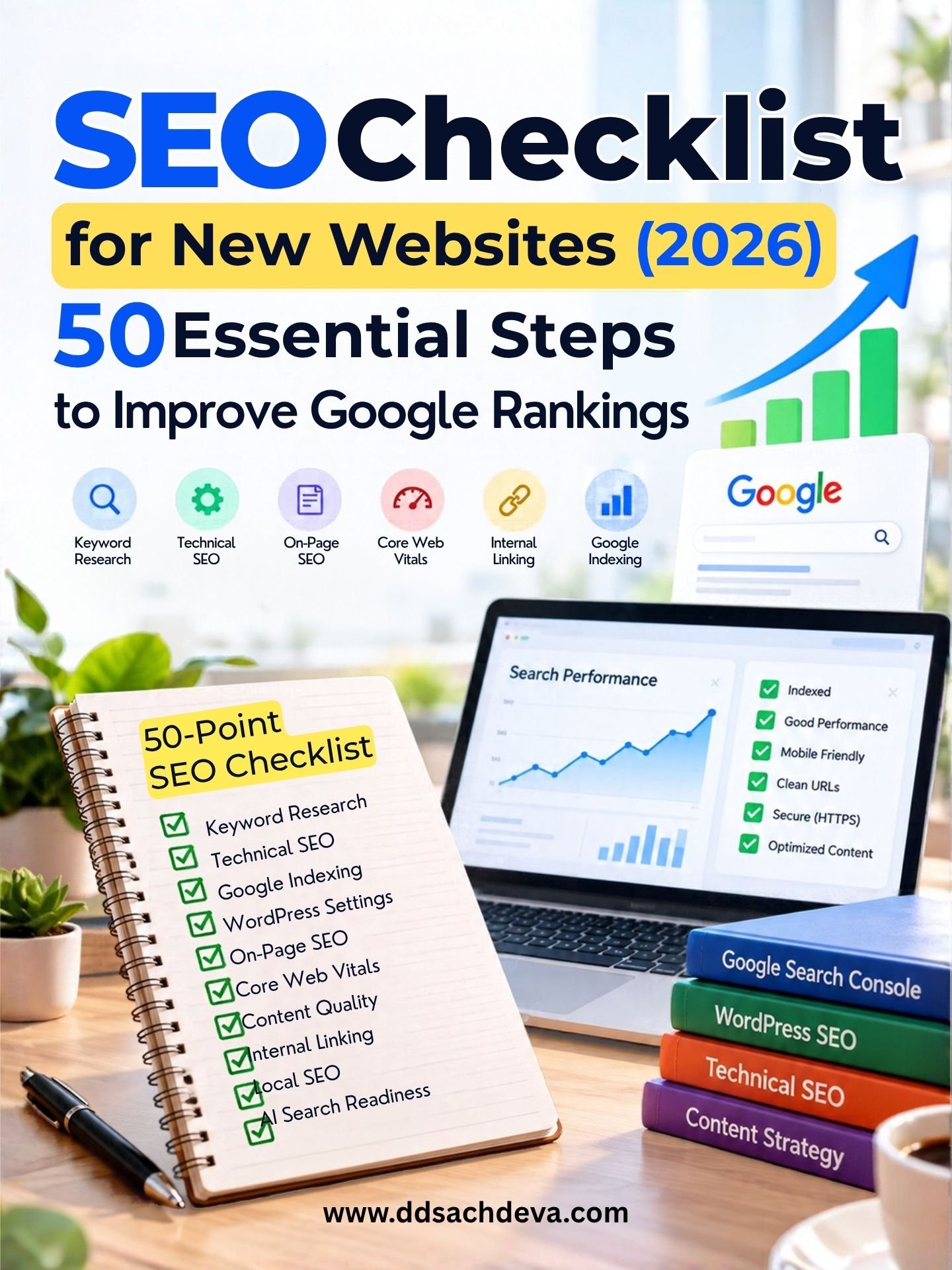 SEO checklist for new websites, New website SEO checklist, SEO checklist 2026, SEO for new websites, Website launch SEO checklist, WordPress SEO checklist, Technical SEO checklist, On-page SEO checklist, Google indexing checklist, SEO checklist for beginners, How to SEO a new website, Website SEO optimization checklist, Core Web Vitals optimization, Google Search Console setup, AI search optimization,